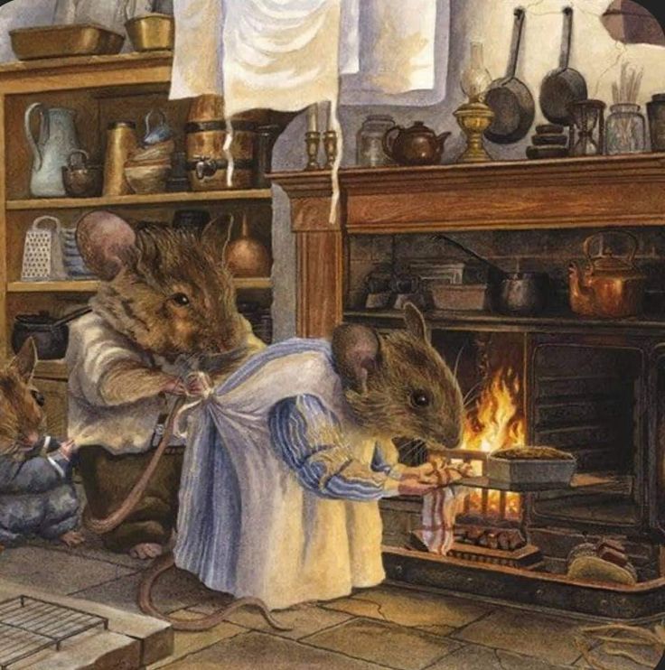 two mice are cooking in front of the fire