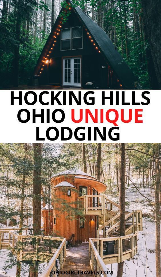 a cabin in the woods with text overlaying it that reads, hocking hills,