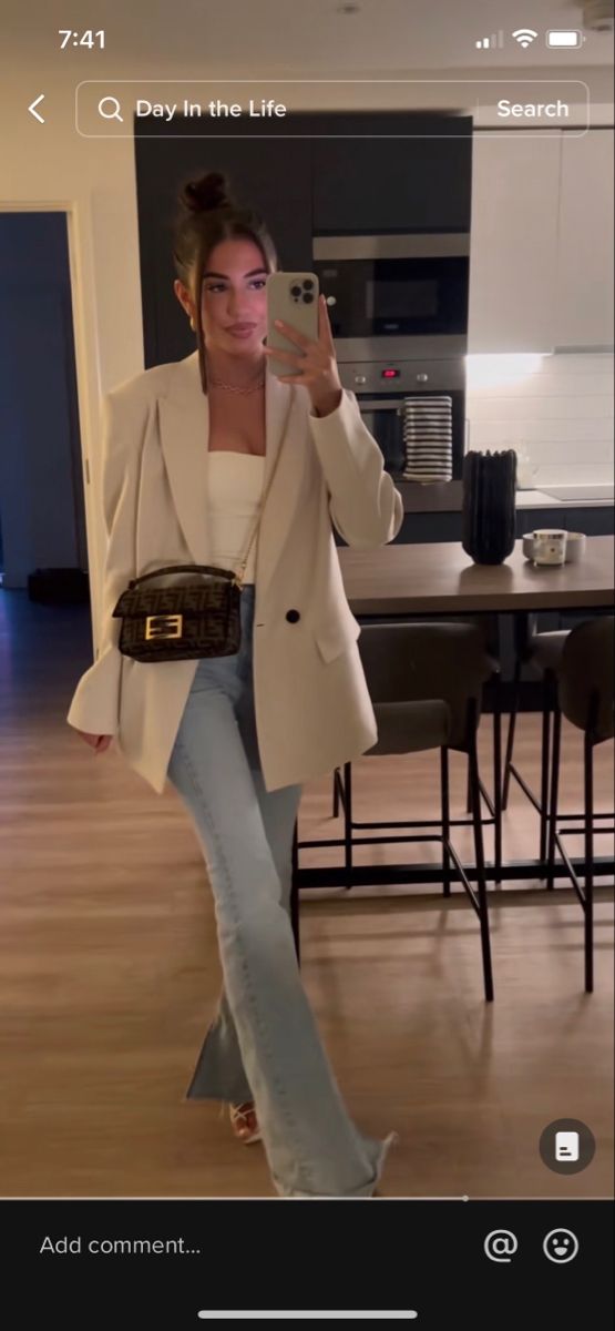 Blazer With Straight Leg Jeans, Blazer Jeans Heels Outfit, Casual Tan Blazer Outfits, Blue Jeans Heels Outfits, Cream Suit Outfit For Women, Blue Jeans Blazer Outfit, Jean And White Top Outfit Classy, Flared Jeans And Blazer Outfit, Night Out Outfit Blazer