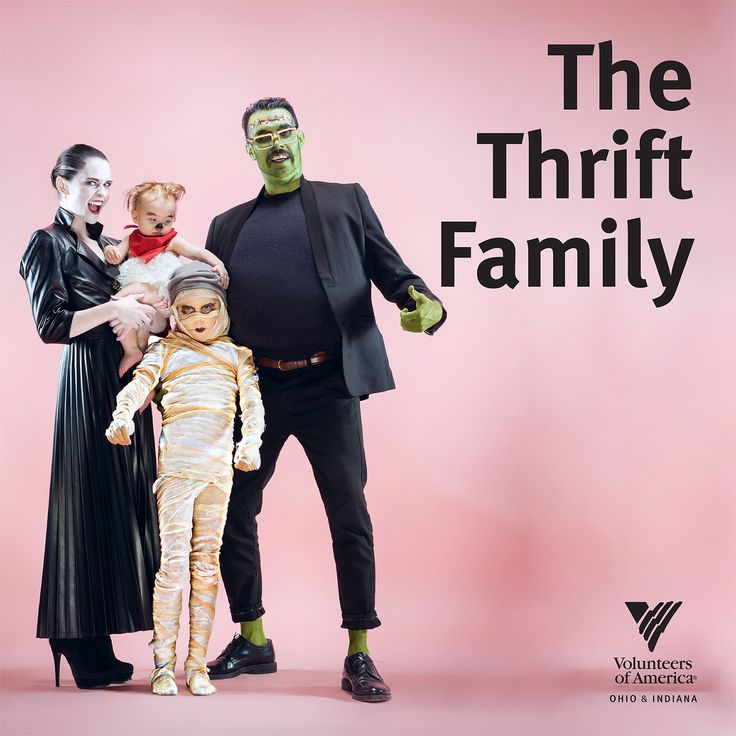 an advertisement for the thrift family featuring two adults and a child in costumes, standing next to each other on a pink background