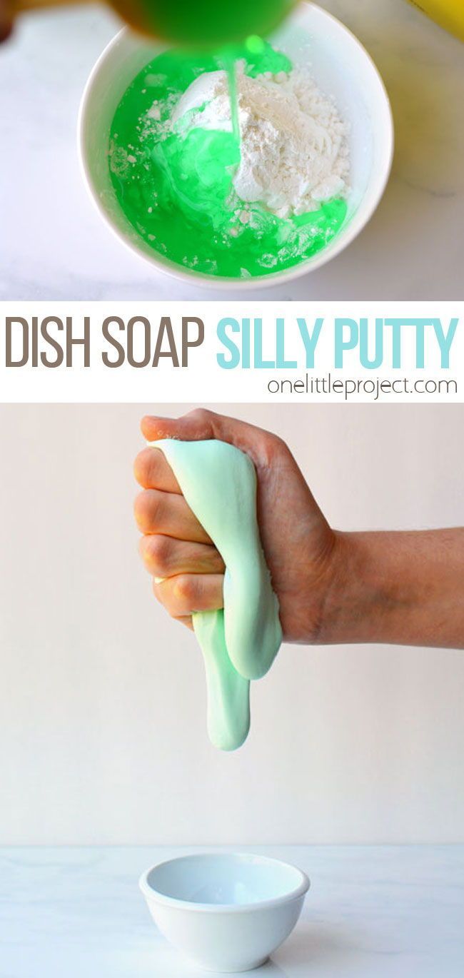 two pictures showing how to make dish soap with silly putty on the top and bottom