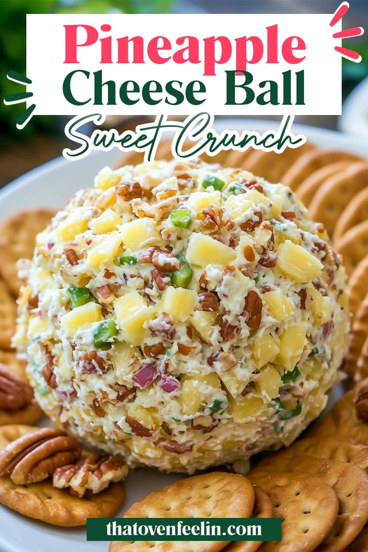 pineapple cheese ball with crackers on the side