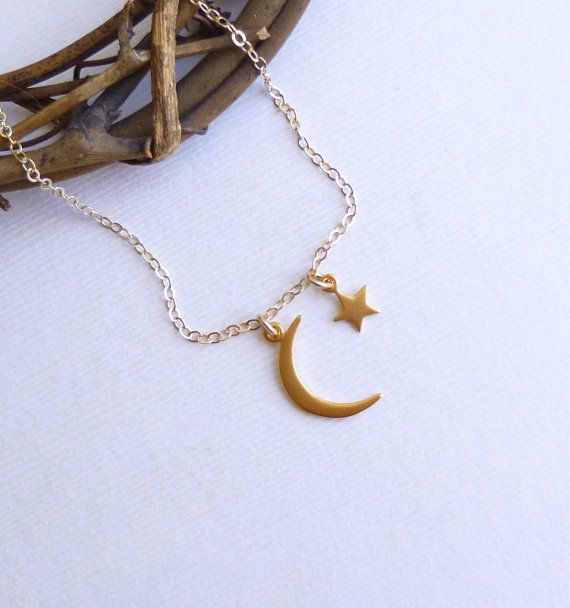 Gold Moon and Star Necklace Dainty Moon-shaped Necklace With Star Charm, Dainty Crescent Yellow Gold Charm Necklaces, Dainty Yellow Gold Crescent Charm Necklaces, Gold Moon Phase Star Jewelry, Gold Star Jewelry With Moon Phase Detail, Gold Star-shaped Jewelry With Moon Phase Detail, Dainty Crescent Charm Necklace With Star, Gold Crescent Sterling Silver Charm Necklace, Gold Crescent Charm Necklace In Sterling Silver