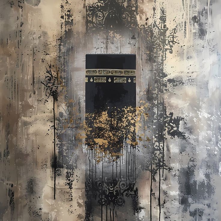 an abstract painting with black and gold colors