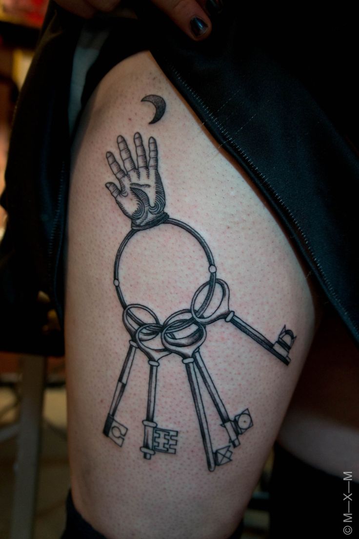 a tattoo on the arm of a person with several keys attached to their arms and hands