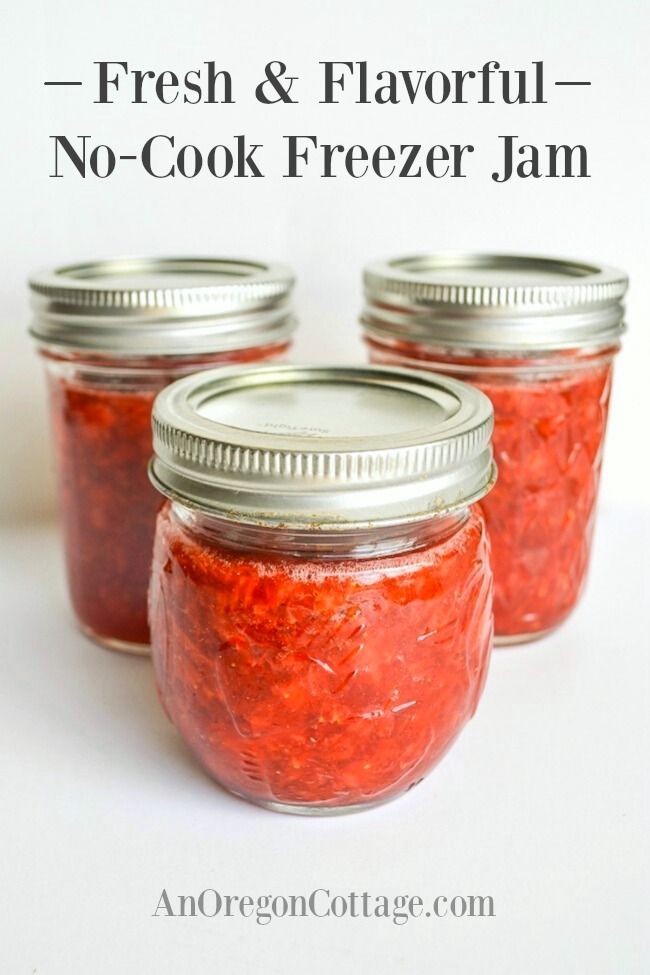 three mason jars filled with fresh and flavored no - cook freeze jam