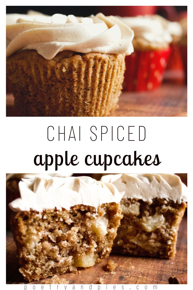 two pictures with the words chai spiced apple cupcakes on top and bottom