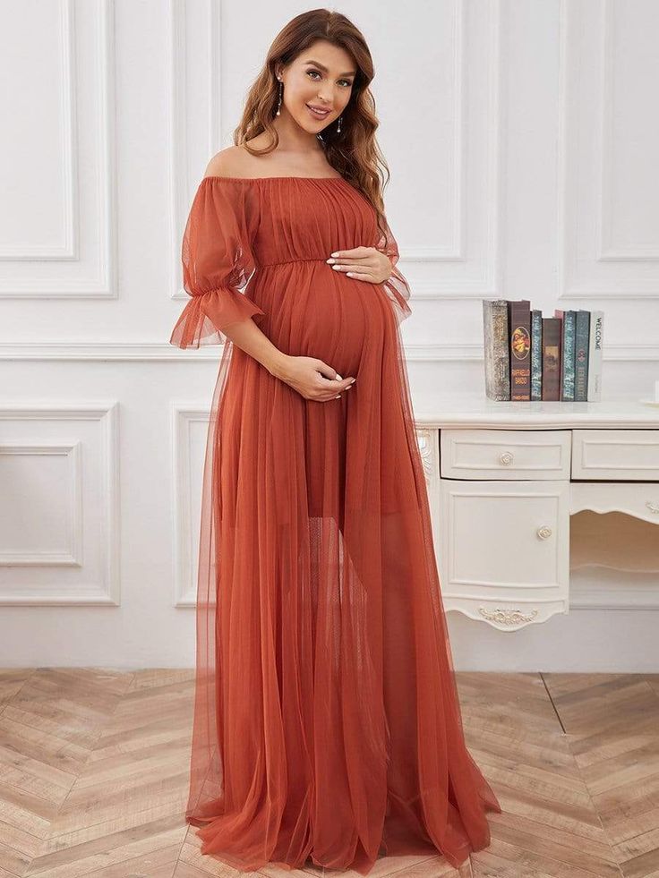 This elegant maternity dress features a square neckline and billowy long sleeves, along with a double skirt for a contemporary look that is suitable for a wedding, a bridesmaid dress, a formal event, and so much more. Fit: Please refer to Size Chart. Closure: It is Concealed a Zipper Up The Back. Undergarments: It is Not Padded, with Lining. Fabric: Shell:100%Polyester Lining:100%Polyester Stretch: Fabric is No Stretch. Flowy Maternity Dress, Elegant Maternity Dresses, Maxi Maternity Dress, Maternity Evening, Maternity Photography Props, Maternity Evening Dress, Formal Maternity Dress, Burnt Orange Dress, Ever Pretty