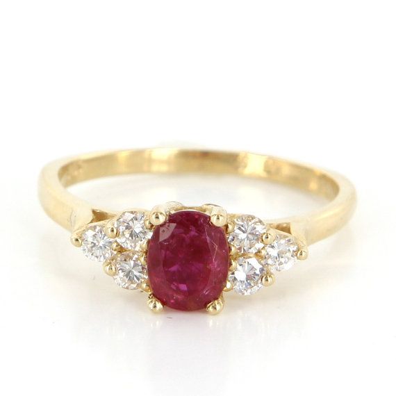 Vintage 14 Karat Yellow Gold Diamond Natural Ruby Small Cocktail Right Hand Ring Estate Jewelry Classic Yellow Gold Ruby Ring Gia Certified, Classic Yellow Gold Gia Certified Ruby Ring, Classic Ruby Cluster Ring With Gemstone, Classic Red Oval Cluster Ring, Classic Red Cluster Ring, Oval Brilliant Cut Ruby Ring In 14k Gold, 14k Gold Ruby Ring With Brilliant Cut Oval Shape, Fine Jewelry Gold Ruby Ring Gia Certified, Heirloom Oval Ruby Ring Gia Certified