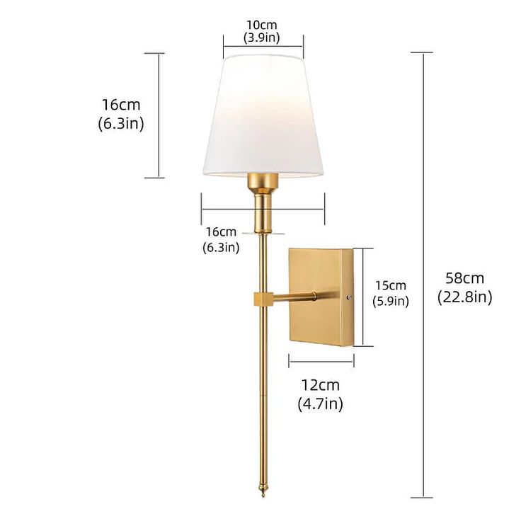 an image of a wall lamp with measurements for the size and width on white background