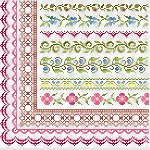 a cross stitch pattern with flowers and leaves on the border is shown in pink, green,