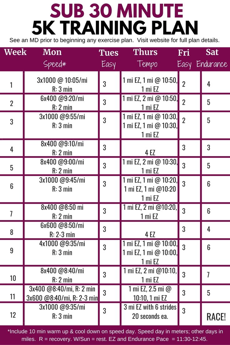 the sub 30 minute training plan is shown in purple and white, with instructions on how to