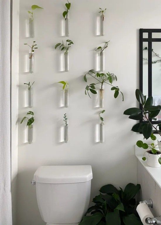 a white toilet sitting in a bathroom next to a plant filled wall mounted above it