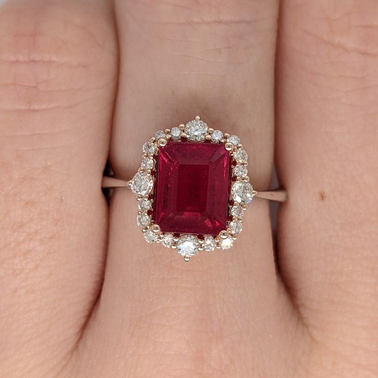 Red Ruby Ring W Unique Diamond Halo in Dual Tone Solid 14k - Etsy Ruby Rings Women, Ruby Jewelry Ring, Antique Ruby Ring, Red Ruby Ring, July Birthstone Ring, Ruby Ring Gold, Ruby And Diamond Ring, Red Ring, Jewelry Safe