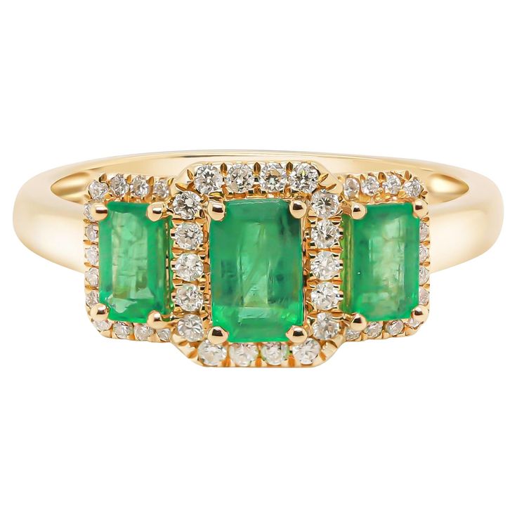 Stunning, timeless and classy eternity Unique Ring. Decorate yourself in luxury with this Gin & Grace Ring. The 14K Yellow Gold jewelry boasts with Emerald-Cut Emerald (3 pcs) 1.14 carat and Natural Round-cut white Diamond (44 Pcs) 0.19 Carat accent stones for a lovely design. This Ring is weight 2.10 grams. Crafted with 14K Yellow Gold, this delicate Ring is polished to a high finish shine. Art Deco Emerald, Chinese Art Deco, Yellow Gold Jewelry, White Gold Jewelry, Delicate Rings, Emerald Ring, Bridal Rings, Chinese Art, Yellow Gold Rings