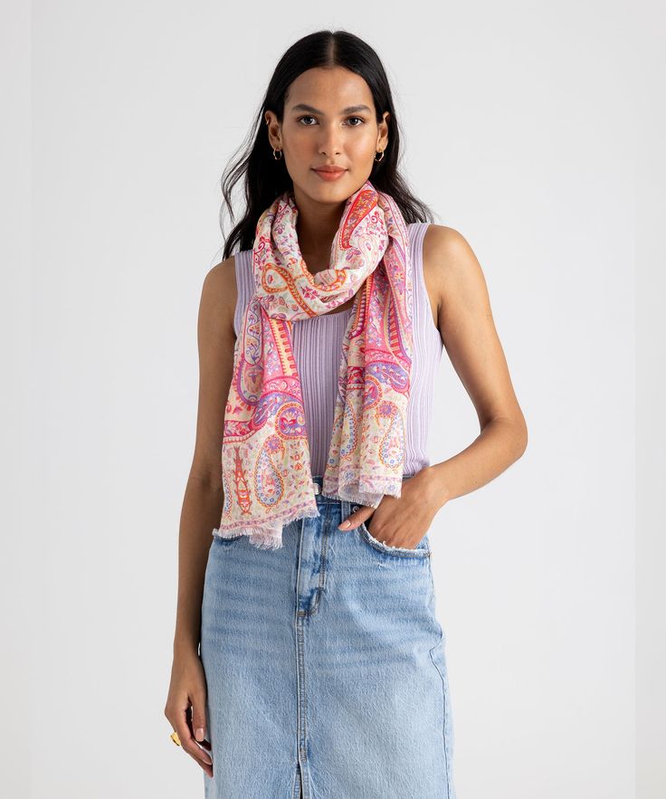 This lightweight, linen-blend wrap features an intricate, watercolor-inspired print that's modern-yet-timeless, and ready for sunshine. Dimensions: 27 in. x 72 in.Materials: 85% Modal, 15% LinenMade in: India Casual Floral Print Scarves For Spring, Casual Linen Scarves For Summer, Bohemian Patterned Scarves For Spring, Patterned Bohemian Scarves For Spring, Casual Summer Scarves With Paisley Print, Casual Summer Paisley Print Scarves, Casual Paisley Print Scarves For Summer, Casual Floral Print Summer Scarves, Spring Floral Print Patterned Scarf