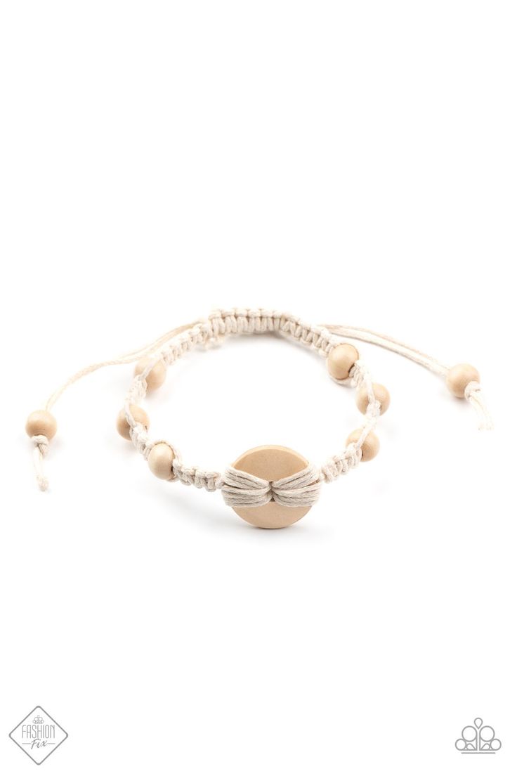 Infused with a wooden button-like centerpiece, pieces of earthy white cording delicately knot wooden beads in place around the wrist for a homespun braided look. Features an adjustable sliding knot closure. November Fashion, Paparazzi Fashion, Adjustable Sliding Knot, Sliding Knot Closure, Wooden Bangle, Bangles Making, White Bracelets, Paparazzi Accessories, Sliding Knot