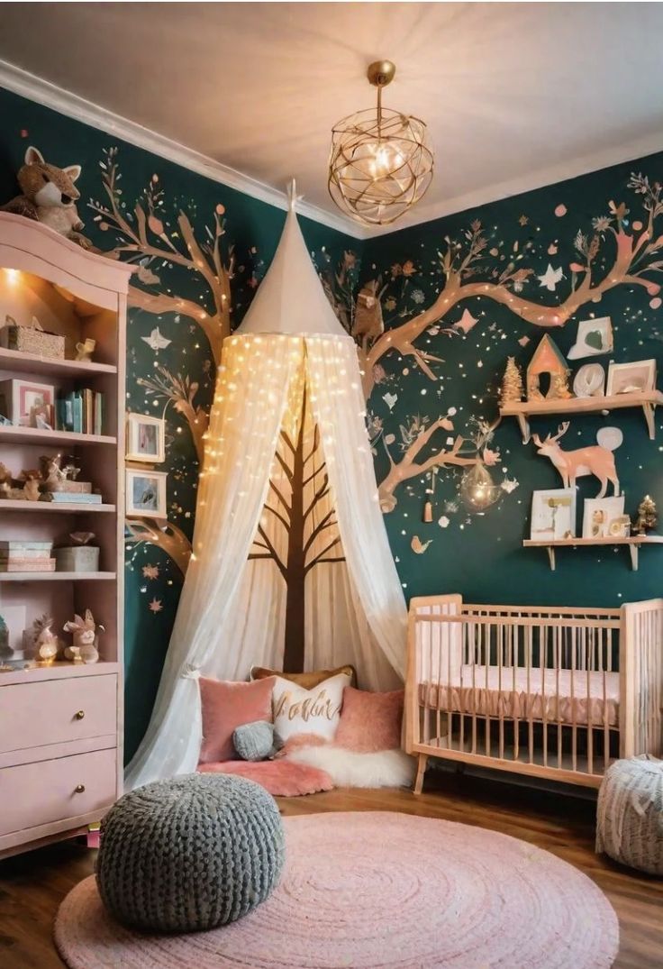 a baby's room decorated in pink and green with a tree mural on the wall