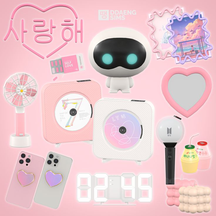 an assortment of items are arranged in the shape of a robot on a pink background