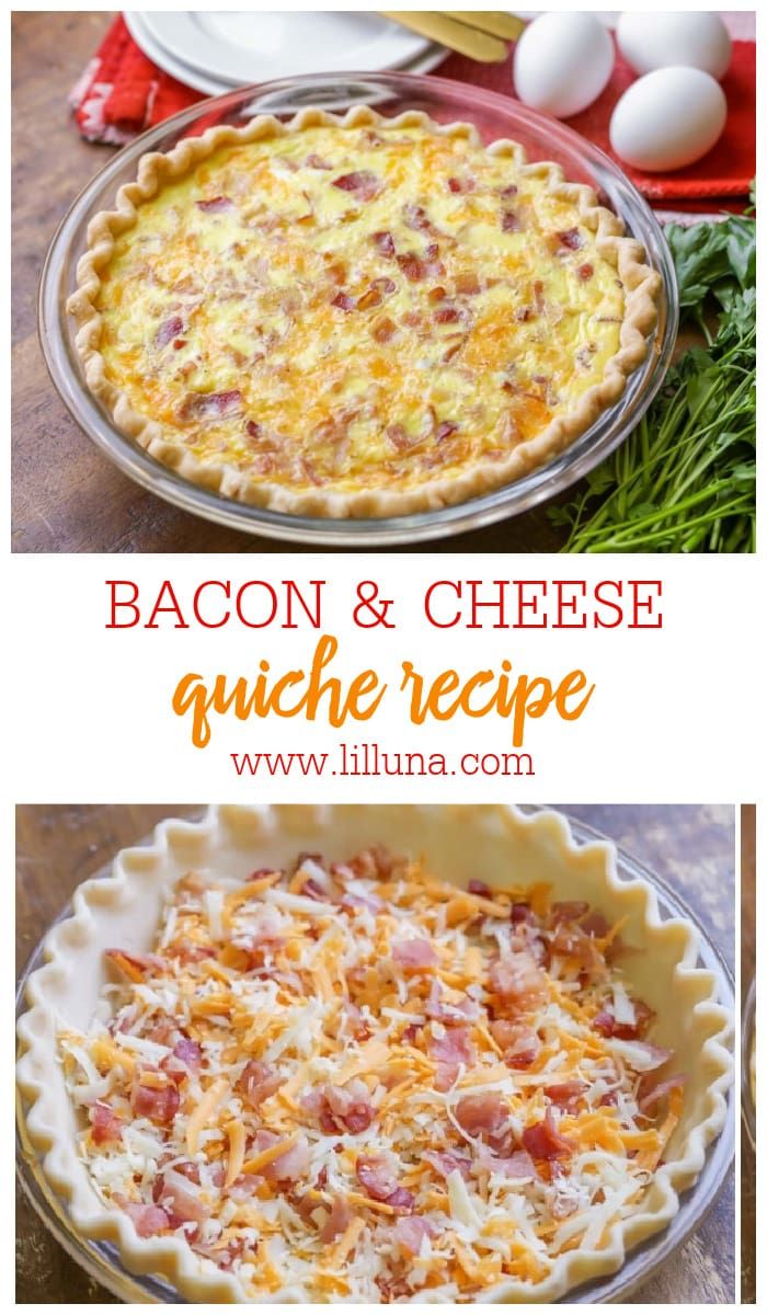 bacon and cheese breakfast quiche is shown in this collage with the title above it