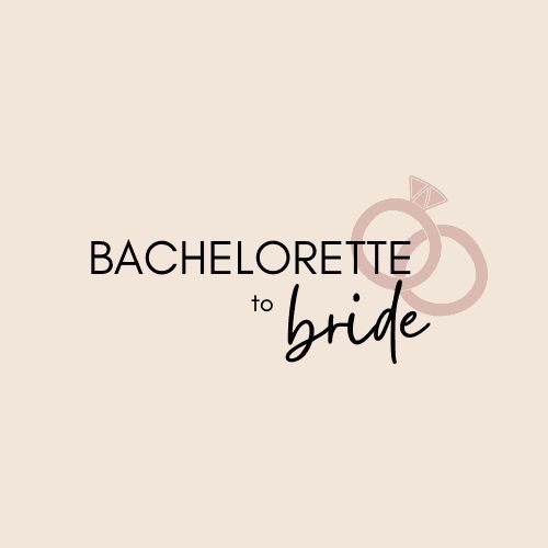 the bachelor to bride logo is shown in black on a light pink background with an arrow