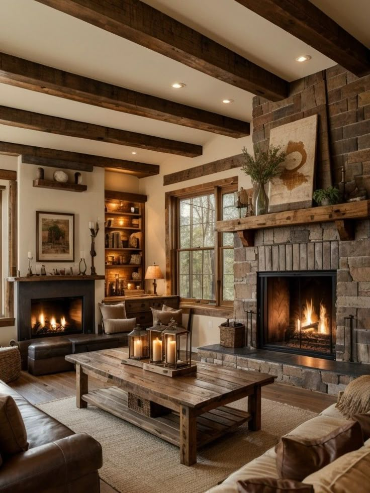 a living room filled with furniture and a fire place in the middle of a room