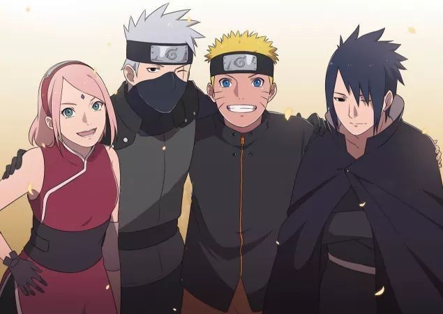 three people standing next to each other in front of a sky background with the words naruto written on it