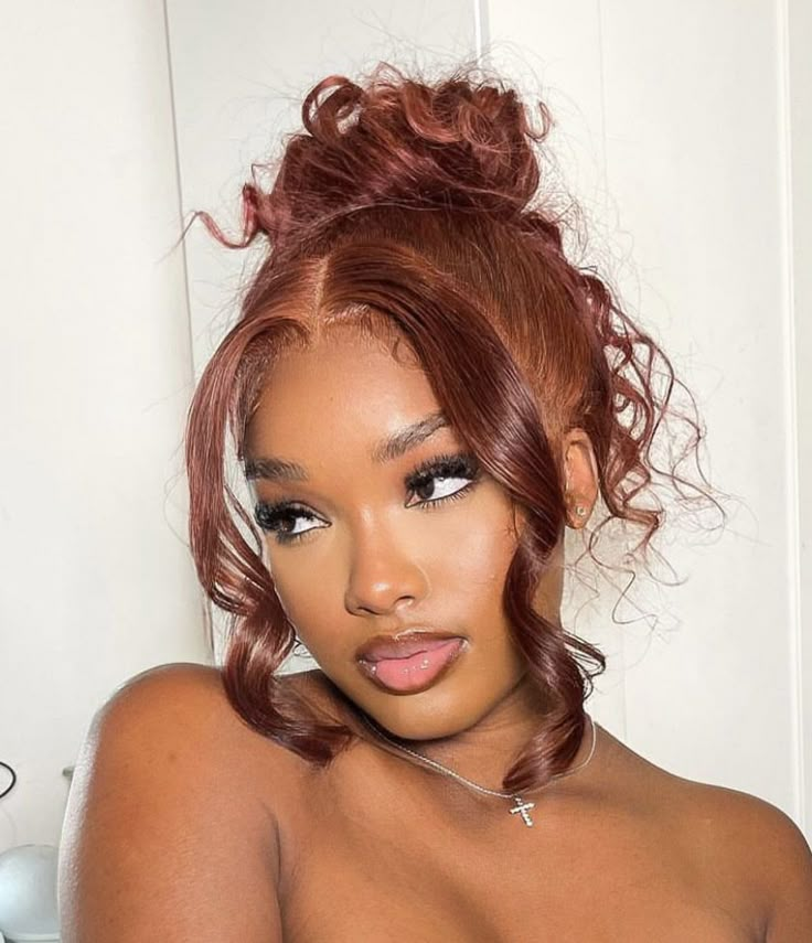 Ginger Hair Black Women Updo, Copper Hair Hairstyles, Hairstyles For Green Dress, Ginger Hair Updo, Orange Hair Green Dress, Ginger Wig Updo, Ginger Updo Black Women, Ginger Hair Green Dress, Ginger Updo