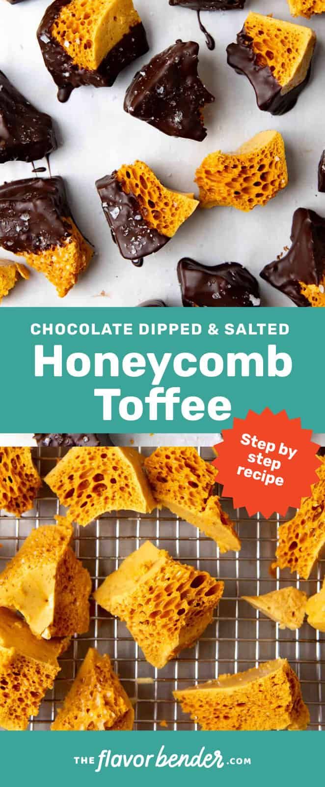 chocolate dipped and salted honeycomb toffee on a cooling rack with text overlay