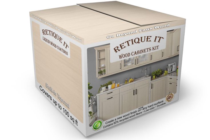 a cardboard box with an image of a kitchen on the front and side, sitting open