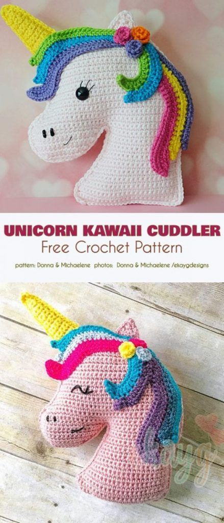 crocheted unicorn kawaii cuddler is shown with the text, free crochet pattern