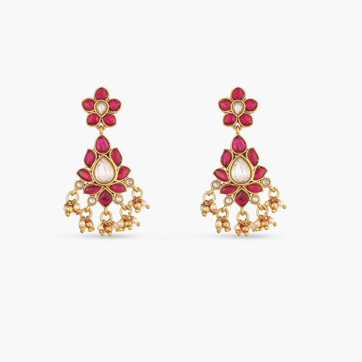 Floral Drop Silver Earrings Gold Hand Set Cluster Earrings, Dual-tone Drop Danglers, Dual-tone Earrings For Diwali, Dual-tone Bridal Earrings As Gift, Elegant Jeweled Danglers For Diwali, Temple Jewelry Meenakari Drop Earrings, Dual-tone Drop Earrings Temple Jewelry, Ruby Chandelier Earrings For Wedding, Festive Temple Jewelry Chandelier Drop Earrings