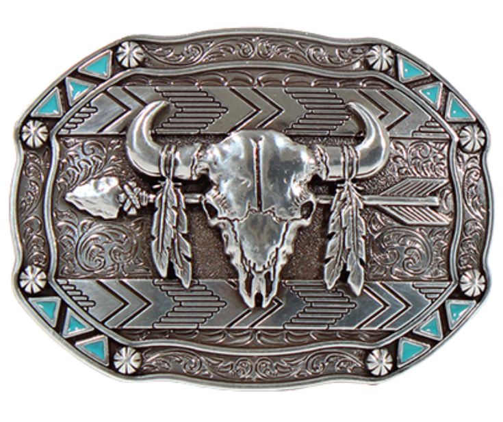 This belt buckle takes inspiration from the Lakota people, known for their buffalo hunting practices. It features an oval shape with small turquoise triangles and berry shapes along the border. In antique silver, it showcases a buffalo skull, feathers, and an arrow in the center. Measuring approximately 3 tall by 4 wide, it can fit belts up to 1 1/2 wide. You can find it in our retail shop in Smyrna, TN, near Nashville, or on our online store. Feather Arrow, Smith And Western, Western Sculpture, Western Rings, Cowgirl Belts, Western Bedding, Xmas Wishlist, Buffalo Skull, Cowgirl Accessories