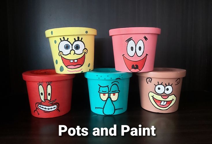 five pots with faces painted on them and the words pots and paint written in white