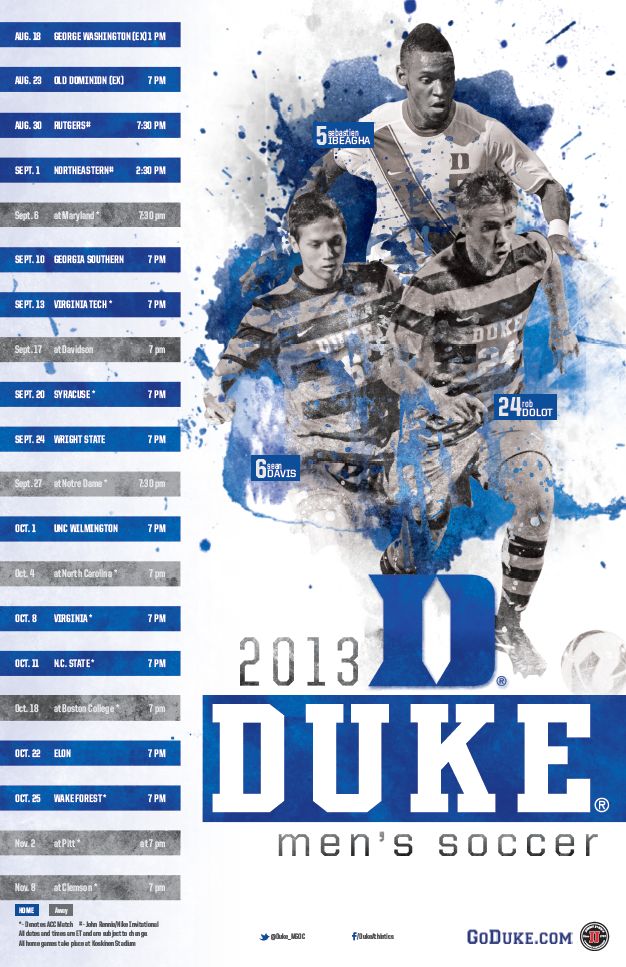 an advertisement for the 2013 duke men's soccer team