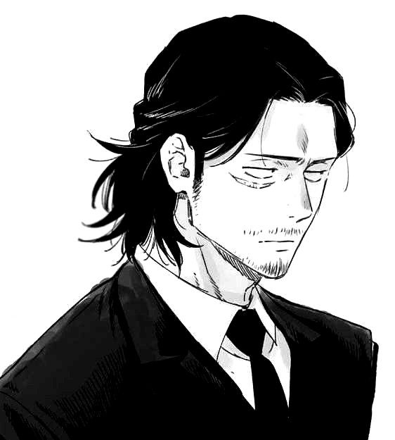 a drawing of a man with long hair and wearing a suit, tie and earrings