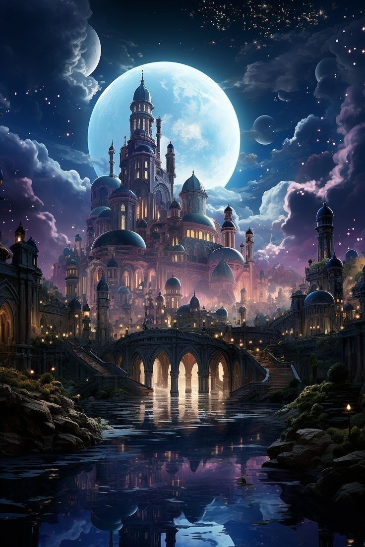 an artistic painting of a castle in the sky with a full moon and stars above it