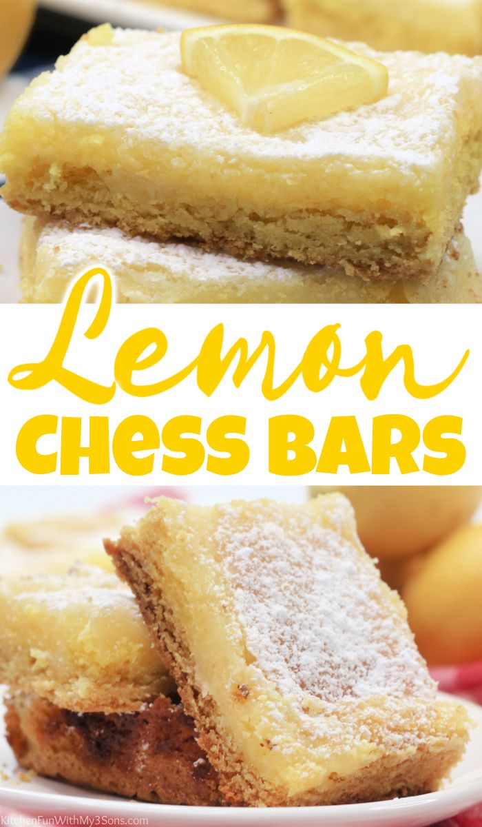 lemon chess bars are stacked on top of each other with powdered sugar and fruit in the background