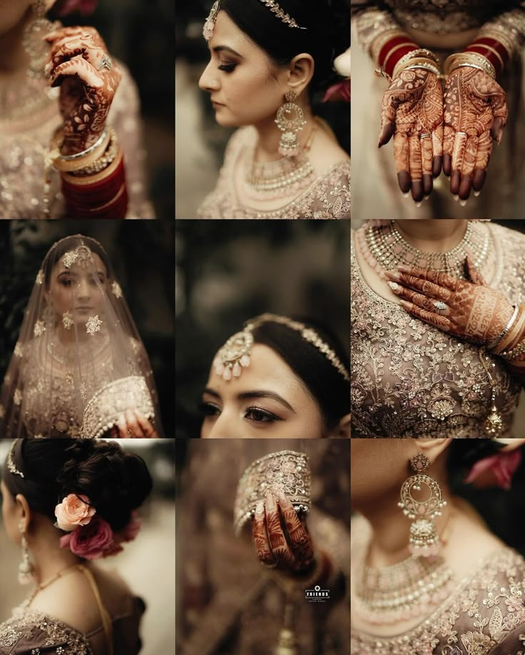 a collage of photos showing the brides hands and jewelry