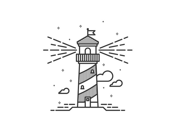 a black and white line drawing of a lighthouse with sun rays coming from the top