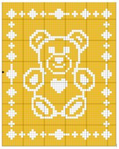 a cross stitch pattern with a teddy bear on the front and side, in yellow