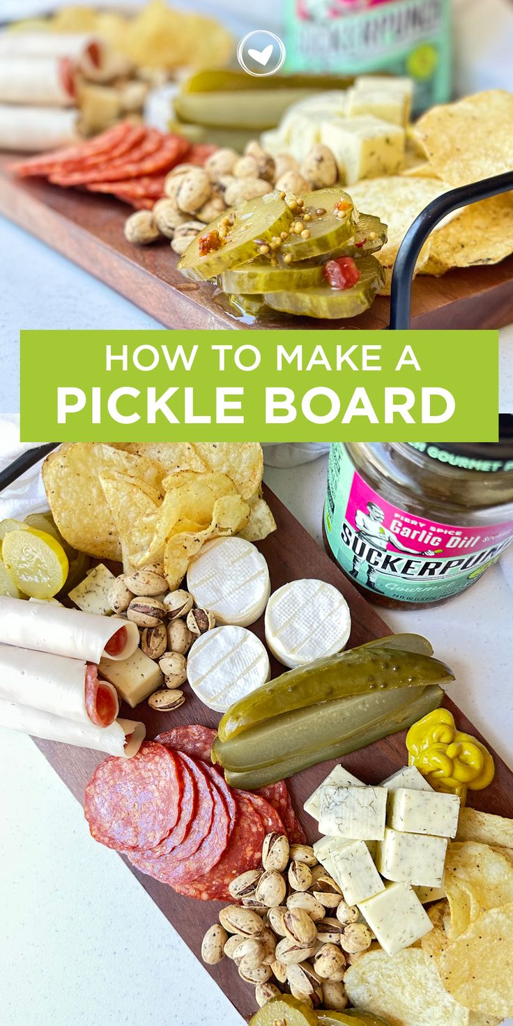 a wooden cutting board topped with pickles and crackers