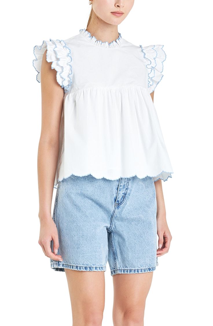 Scalloped ruffles with embroidered edges sweeten a flouncy cotton top framed by triple-layer cap sleeves. Back keyhole with button-and-loop closure Ruffled jewel neck Cap sleeves Lined 100% cotton Hand wash, dry flat Imported Cotton Short Sleeve Tops With Scalloped Edges, Short Sleeve Cotton Tops With Scalloped Edges, Cotton Tops With Scalloped Edges And Short Sleeves, Spring Tops With Scalloped Edges For Daywear, Scalloped Edges Tops For Spring Daywear, Scalloped Edges Tops For Spring, Summer Cotton Tops With Scalloped Edges, Feminine Cotton Tops With Scalloped Edges, Spring Cotton Top With Scalloped Edges