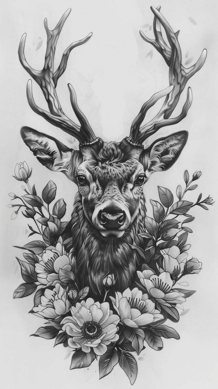 a black and white drawing of a deer with flowers in it's antlers