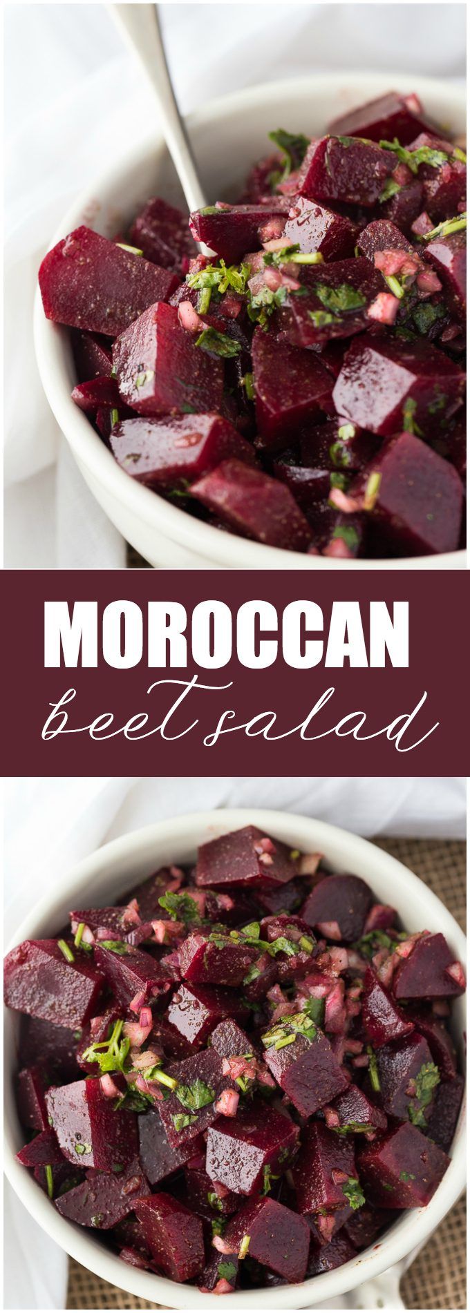 beet salad in a white bowl with text overlay that reads moroccan beet salad