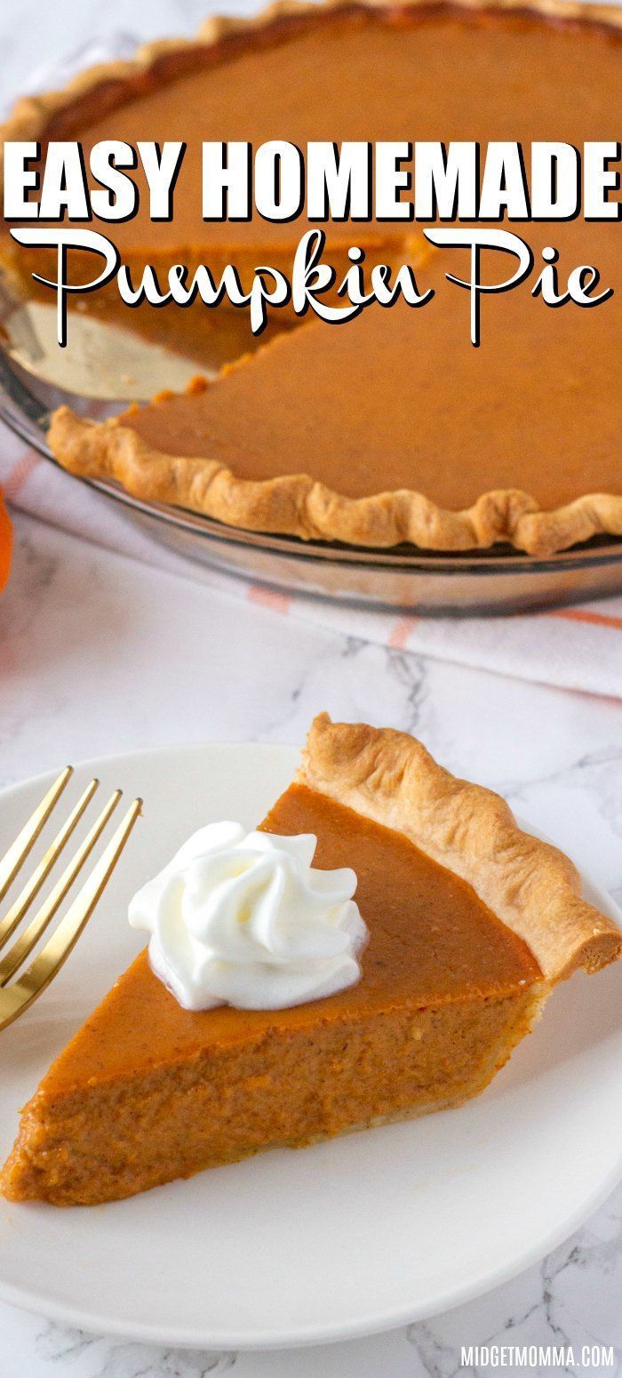 a slice of pumpkin pie with whipped cream on top and the words, from scratch to pumpkin pie