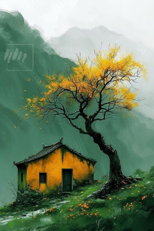 a painting of a tree with yellow leaves in front of a house on a hill