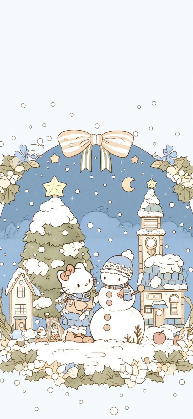 hello kitty and snowman in front of a christmas scene with trees, buildings and stars