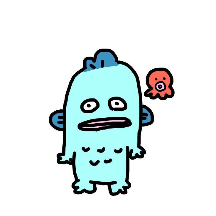 an image of a blue monster with eyes and nose on it's head, standing in front of a white background