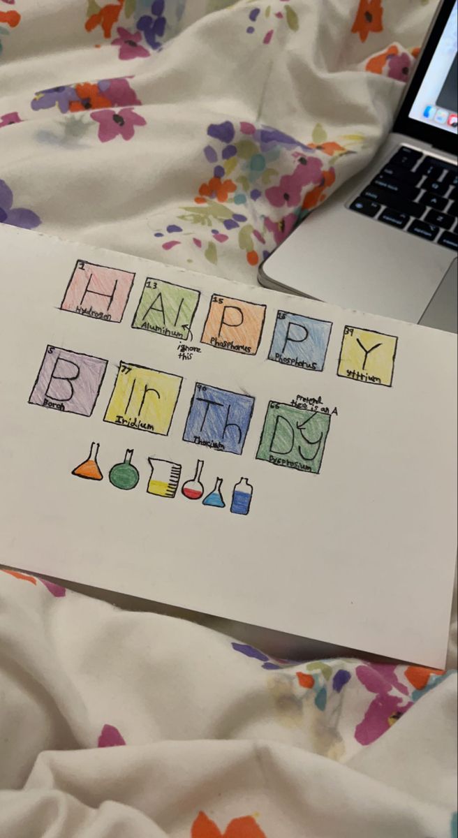 an open laptop computer sitting on top of a bed next to a birthday card with the words happy birthday